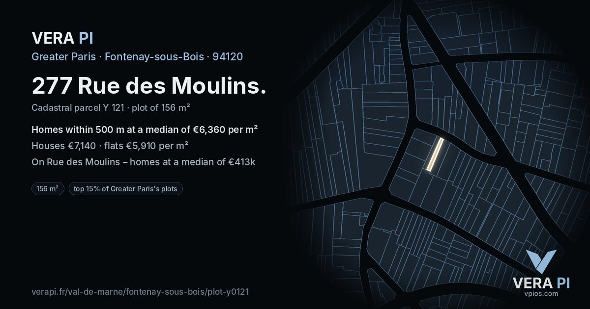 277 Rue des Moulins, Fontenay-sous-Bois at night – the plot lit, the parcels around coloured by the prices near them
