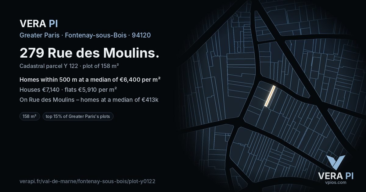 279 Rue des Moulins, Fontenay-sous-Bois at night – the plot lit, the parcels around coloured by the prices near them