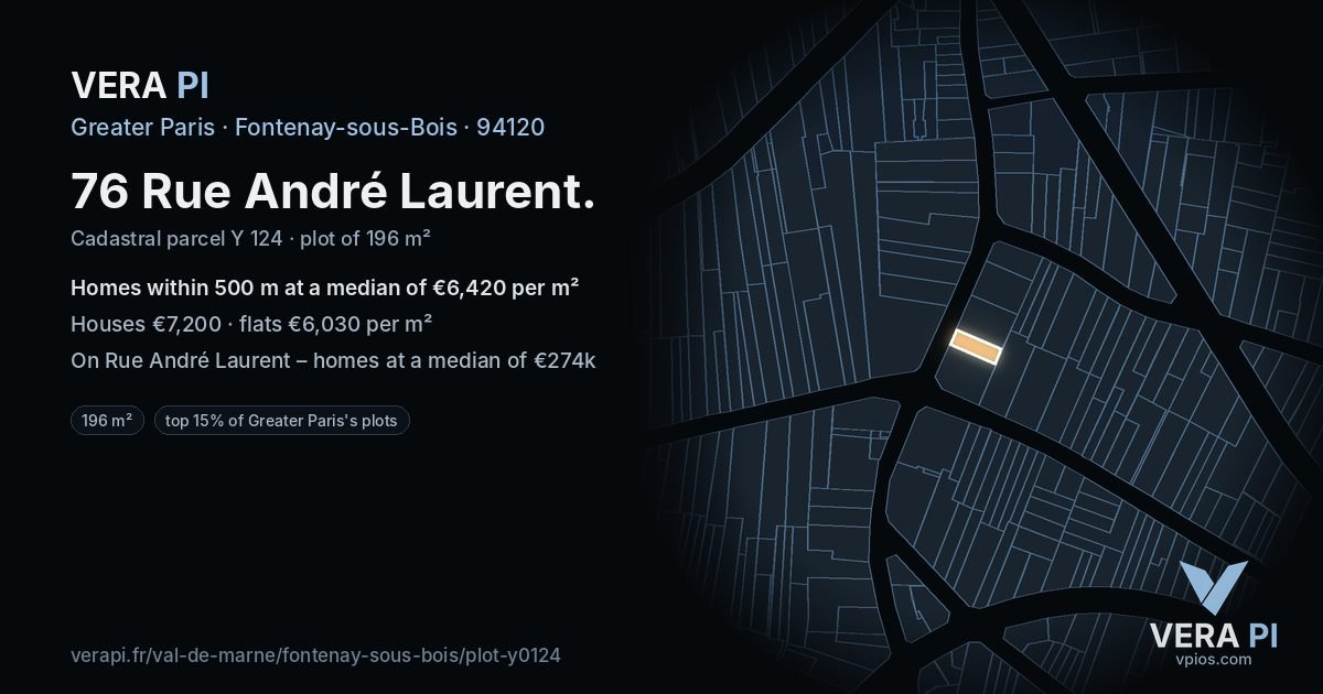 76 Rue André Laurent, Fontenay-sous-Bois at night – the plot lit, the parcels around coloured by the prices near them