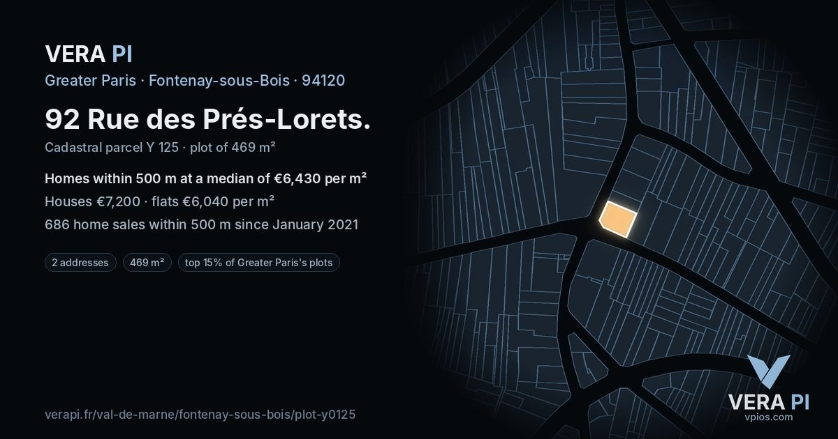 92 Rue des Prés-Lorets, Fontenay-sous-Bois at night – the plot lit, the parcels around coloured by the prices near them