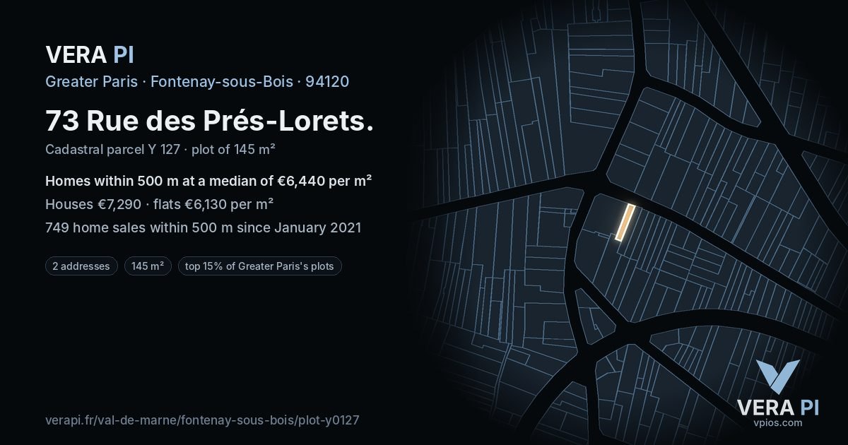 73 Rue des Prés-Lorets, Fontenay-sous-Bois at night – the plot lit, the parcels around coloured by the prices near them