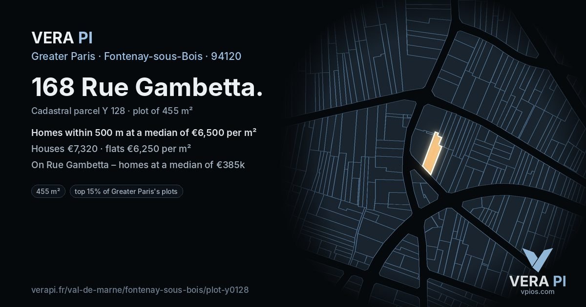 168 Rue Gambetta, Fontenay-sous-Bois at night – the plot lit, the parcels around coloured by the prices near them