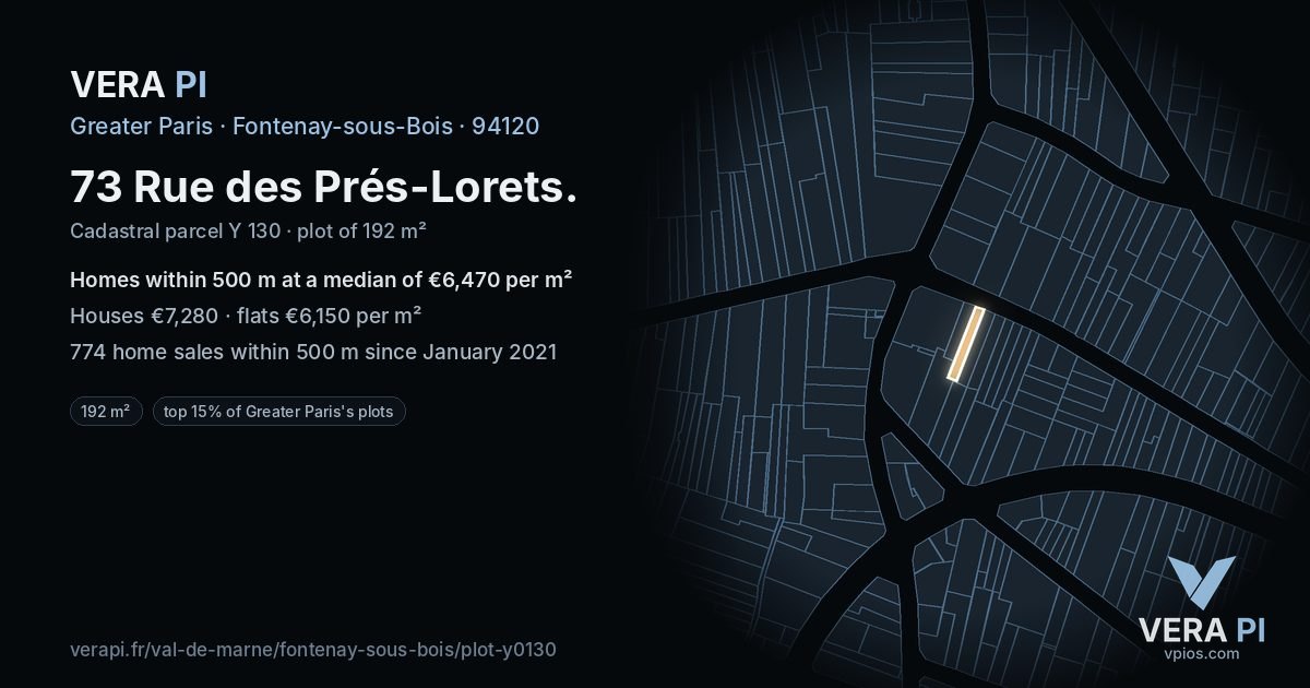 73 Rue des Prés-Lorets, Fontenay-sous-Bois at night – the plot lit, the parcels around coloured by the prices near them