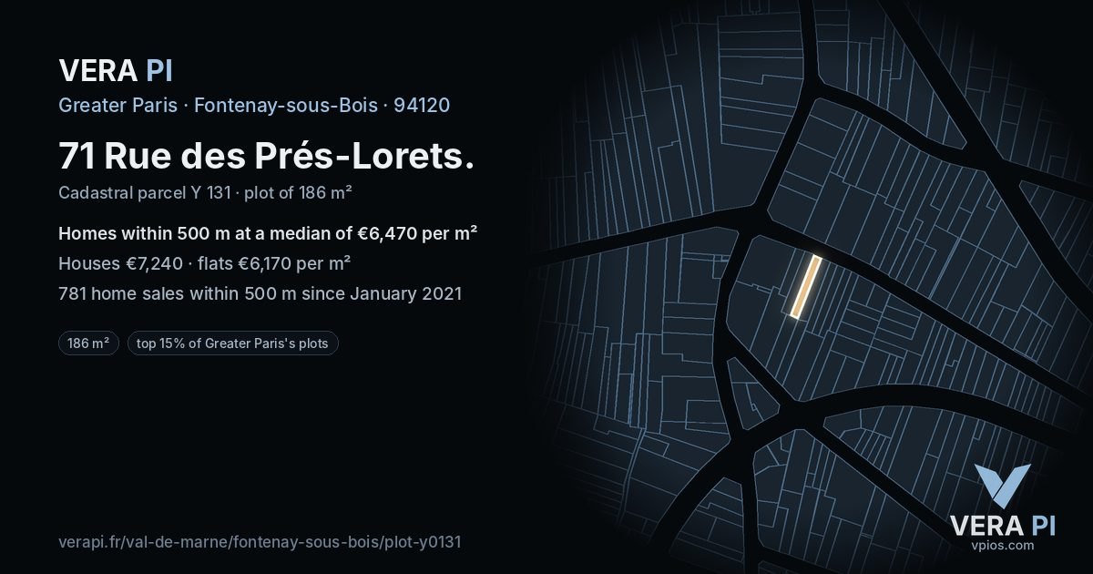 71 Rue des Prés-Lorets, Fontenay-sous-Bois at night – the plot lit, the parcels around coloured by the prices near them