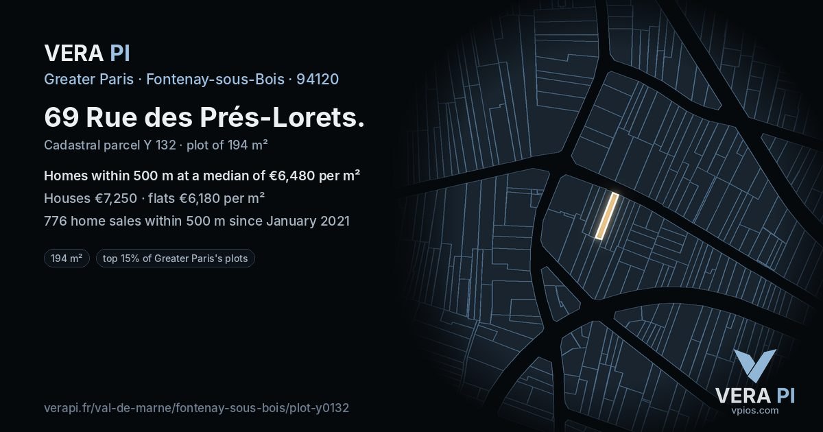 69 Rue des Prés-Lorets, Fontenay-sous-Bois at night – the plot lit, the parcels around coloured by the prices near them