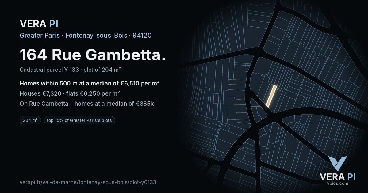 164 Rue Gambetta, Fontenay-sous-Bois at night – the plot lit, the parcels around coloured by the prices near them