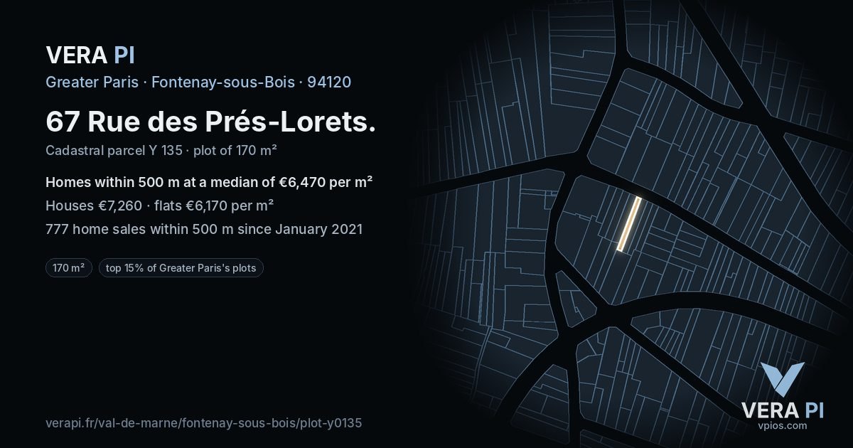 67 Rue des Prés-Lorets, Fontenay-sous-Bois at night – the plot lit, the parcels around coloured by the prices near them