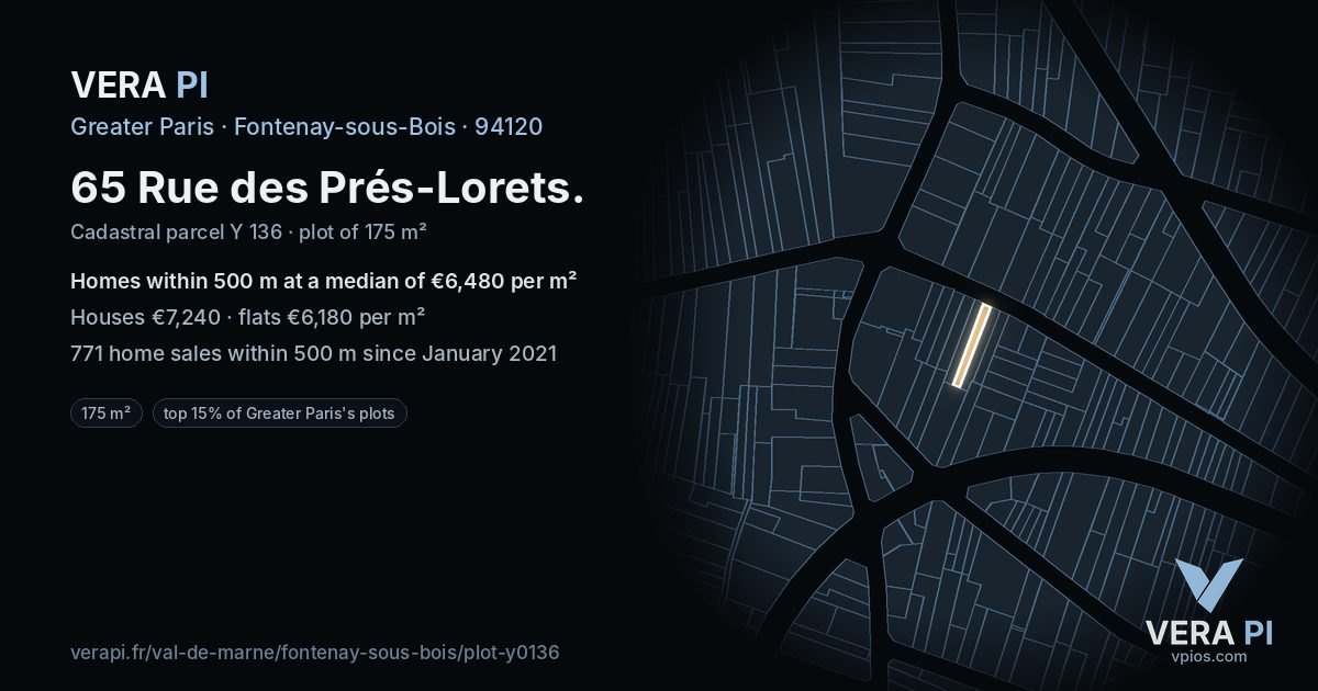 65 Rue des Prés-Lorets, Fontenay-sous-Bois at night – the plot lit, the parcels around coloured by the prices near them
