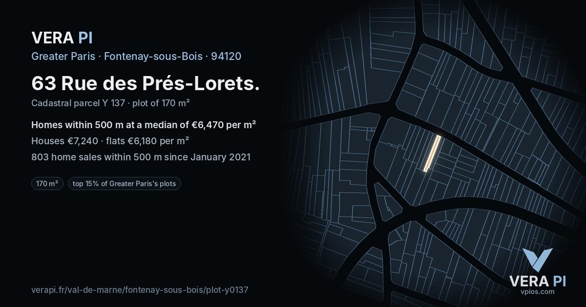 63 Rue des Prés-Lorets, Fontenay-sous-Bois at night – the plot lit, the parcels around coloured by the prices near them