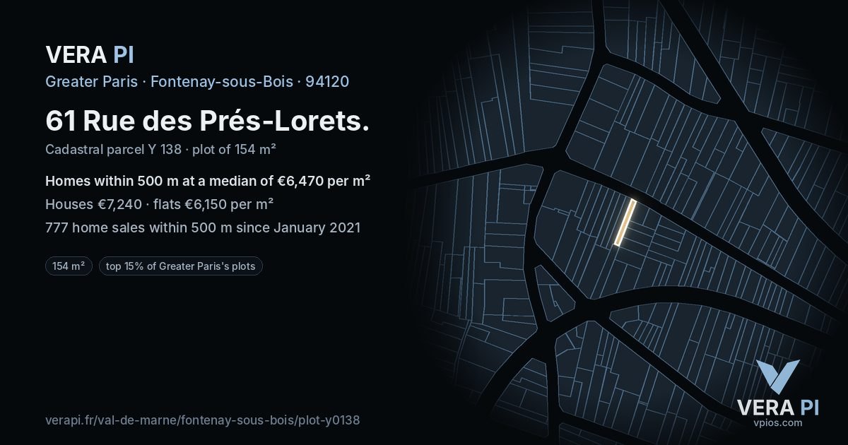 61 Rue des Prés-Lorets, Fontenay-sous-Bois at night – the plot lit, the parcels around coloured by the prices near them