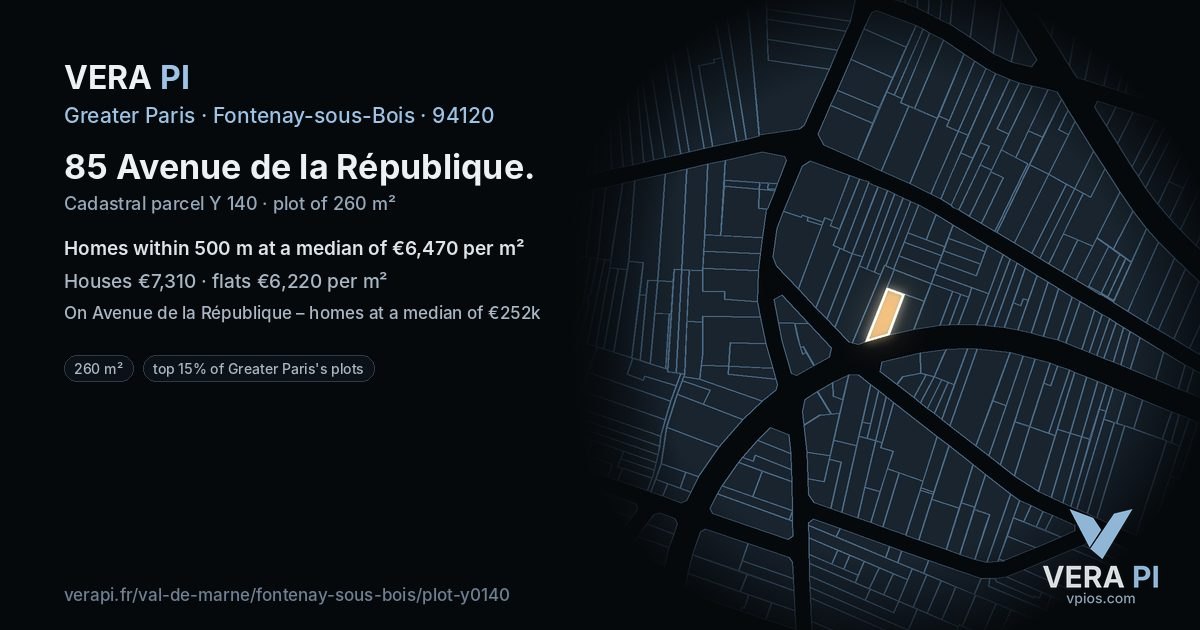85 Avenue de la République, Fontenay-sous-Bois at night – the plot lit, the parcels around coloured by the prices near them