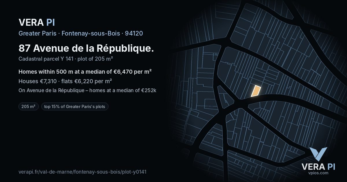 87 Avenue de la République, Fontenay-sous-Bois at night – the plot lit, the parcels around coloured by the prices near them