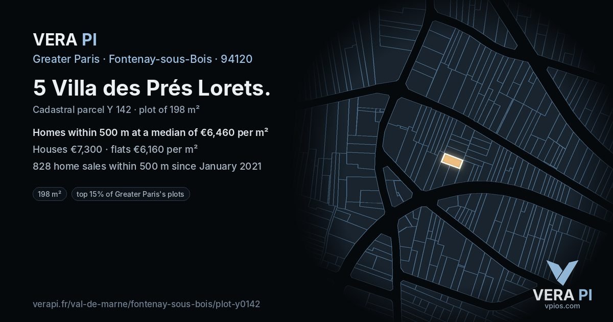 5 Villa des Prés Lorets, Fontenay-sous-Bois at night – the plot lit, the parcels around coloured by the prices near them