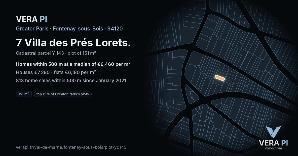 7 Villa des Prés Lorets, Fontenay-sous-Bois at night – the plot lit, the parcels around coloured by the prices near them