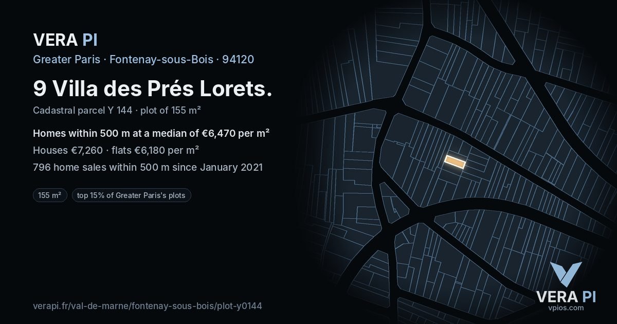 9 Villa des Prés Lorets, Fontenay-sous-Bois at night – the plot lit, the parcels around coloured by the prices near them