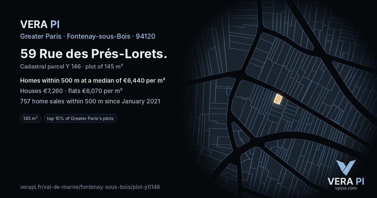59 Rue des Prés-Lorets, Fontenay-sous-Bois at night – the plot lit, the parcels around coloured by the prices near them