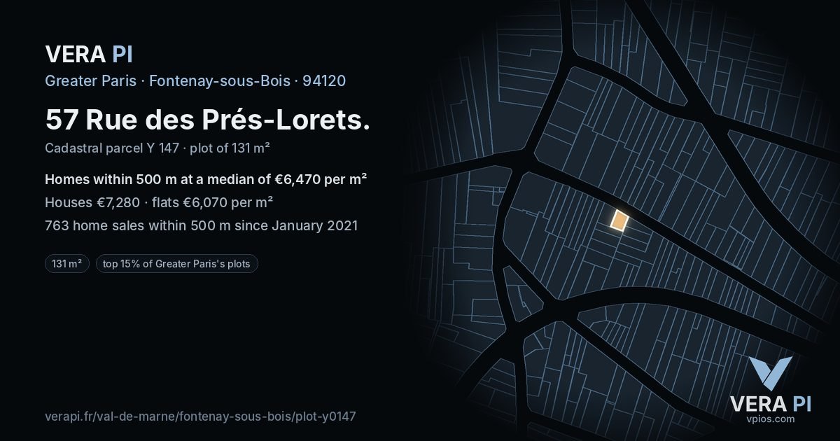 57 Rue des Prés-Lorets, Fontenay-sous-Bois at night – the plot lit, the parcels around coloured by the prices near them