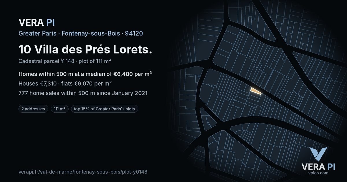 10 Villa des Prés Lorets, Fontenay-sous-Bois at night – the plot lit, the parcels around coloured by the prices near them