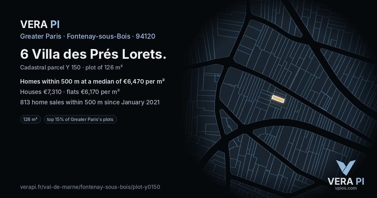 6 Villa des Prés Lorets, Fontenay-sous-Bois at night – the plot lit, the parcels around coloured by the prices near them