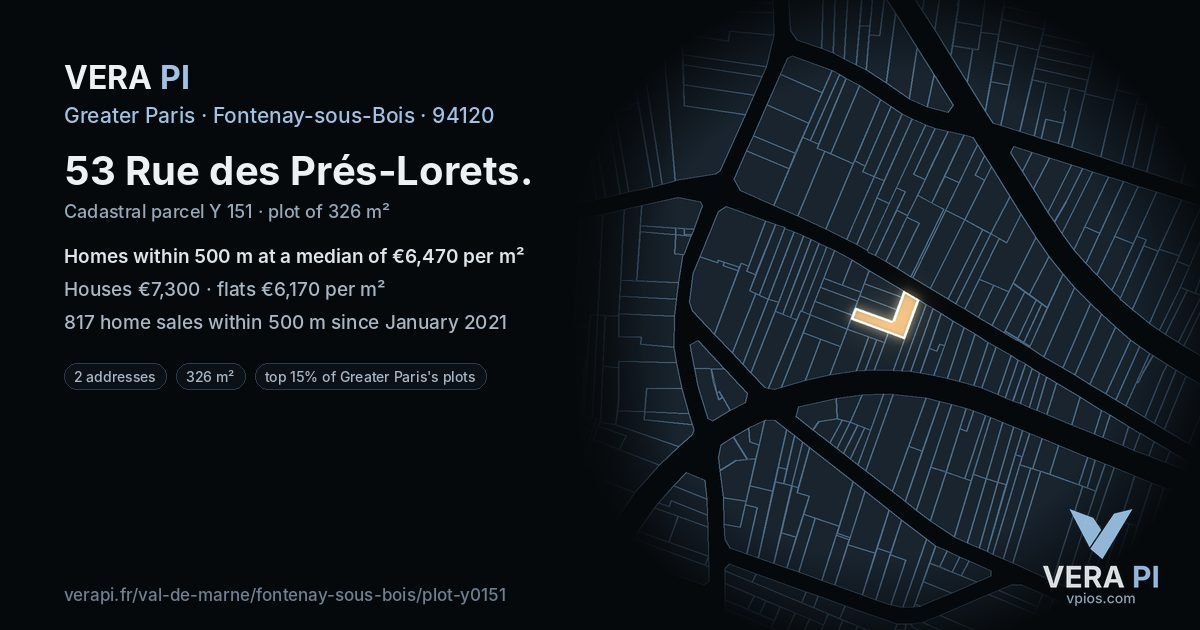 53 Rue des Prés-Lorets, Fontenay-sous-Bois at night – the plot lit, the parcels around coloured by the prices near them