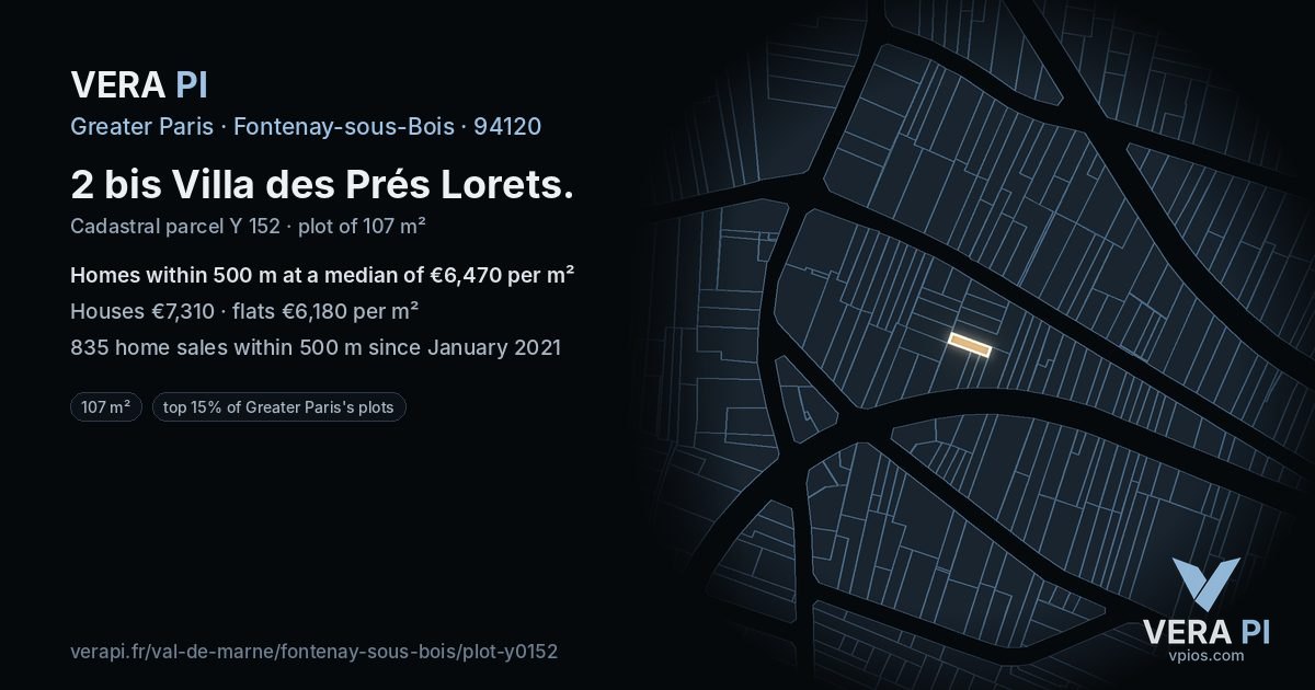2 bis Villa des Prés Lorets, Fontenay-sous-Bois at night – the plot lit, the parcels around coloured by the prices near them