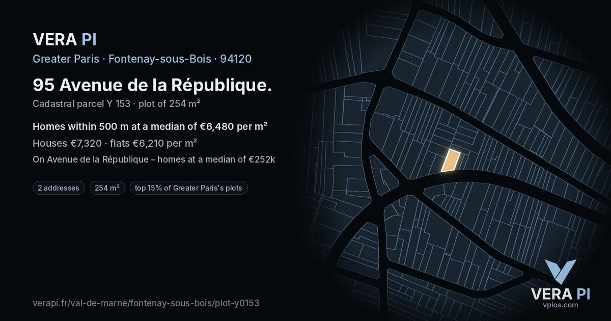 95 Avenue de la République, Fontenay-sous-Bois at night – the plot lit, the parcels around coloured by the prices near them