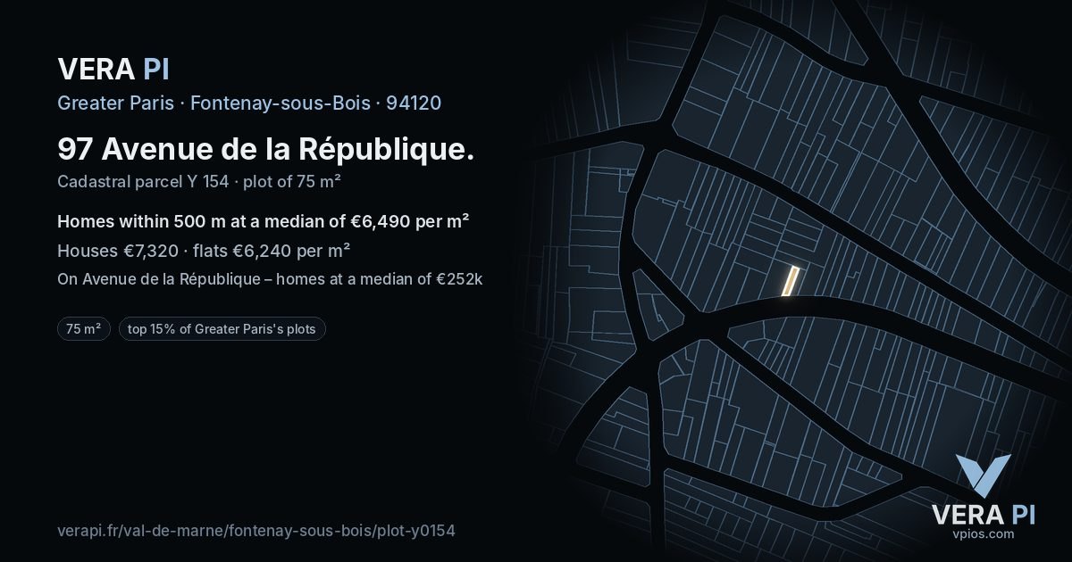 97 Avenue de la République, Fontenay-sous-Bois at night – the plot lit, the parcels around coloured by the prices near them