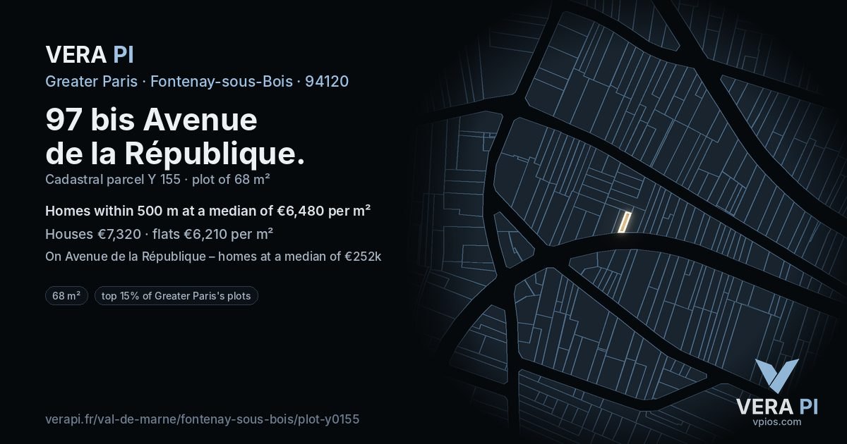 97 bis Avenue de la République, Fontenay-sous-Bois at night – the plot lit, the parcels around coloured by the prices near them