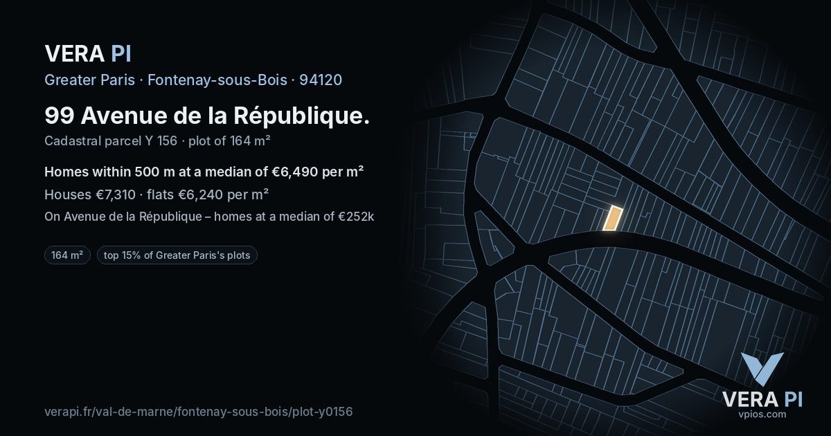 99 Avenue de la République, Fontenay-sous-Bois at night – the plot lit, the parcels around coloured by the prices near them