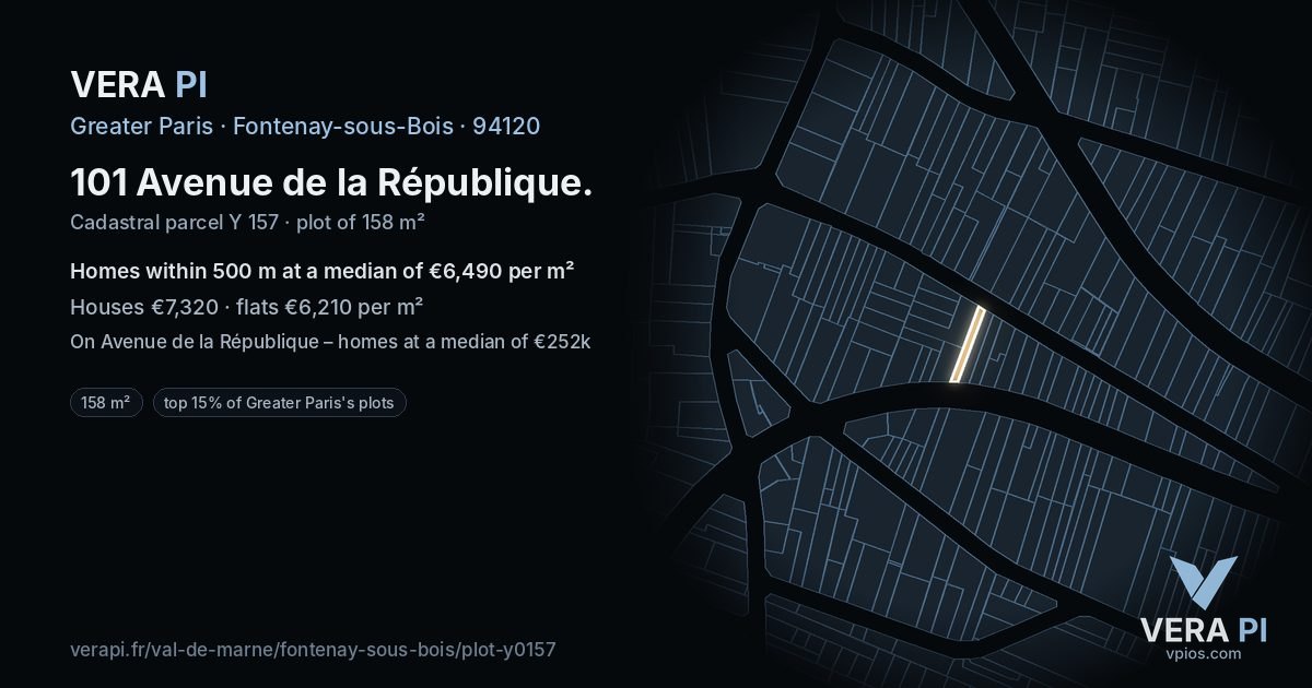 101 Avenue de la République, Fontenay-sous-Bois at night – the plot lit, the parcels around coloured by the prices near them