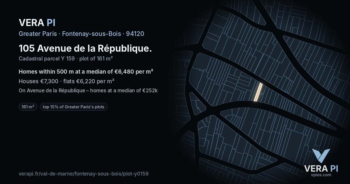 105 Avenue de la République, Fontenay-sous-Bois at night – the plot lit, the parcels around coloured by the prices near them