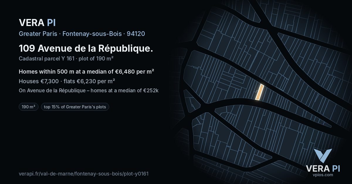 109 Avenue de la République, Fontenay-sous-Bois at night – the plot lit, the parcels around coloured by the prices near them
