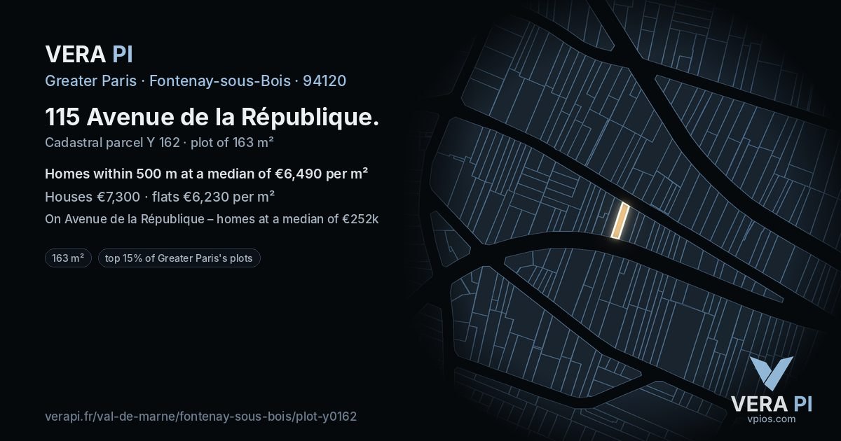 115 Avenue de la République, Fontenay-sous-Bois at night – the plot lit, the parcels around coloured by the prices near them