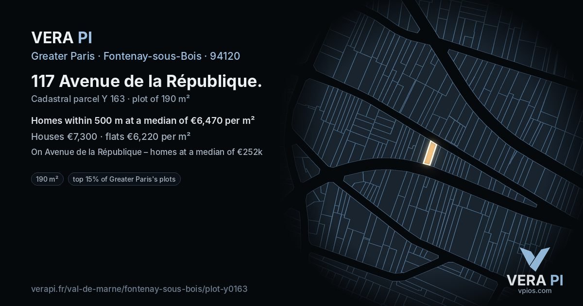 117 Avenue de la République, Fontenay-sous-Bois at night – the plot lit, the parcels around coloured by the prices near them
