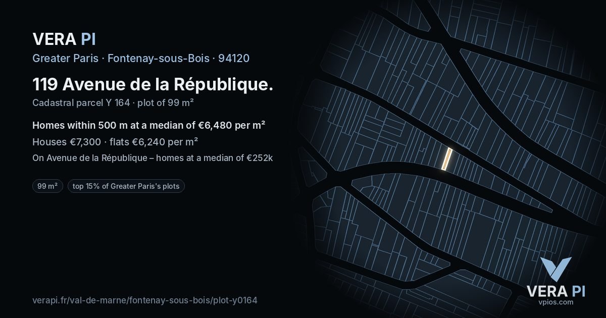 119 Avenue de la République, Fontenay-sous-Bois at night – the plot lit, the parcels around coloured by the prices near them