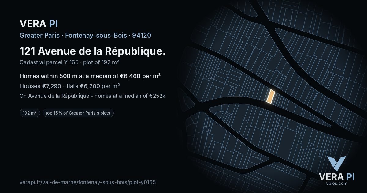 121 Avenue de la République, Fontenay-sous-Bois at night – the plot lit, the parcels around coloured by the prices near them