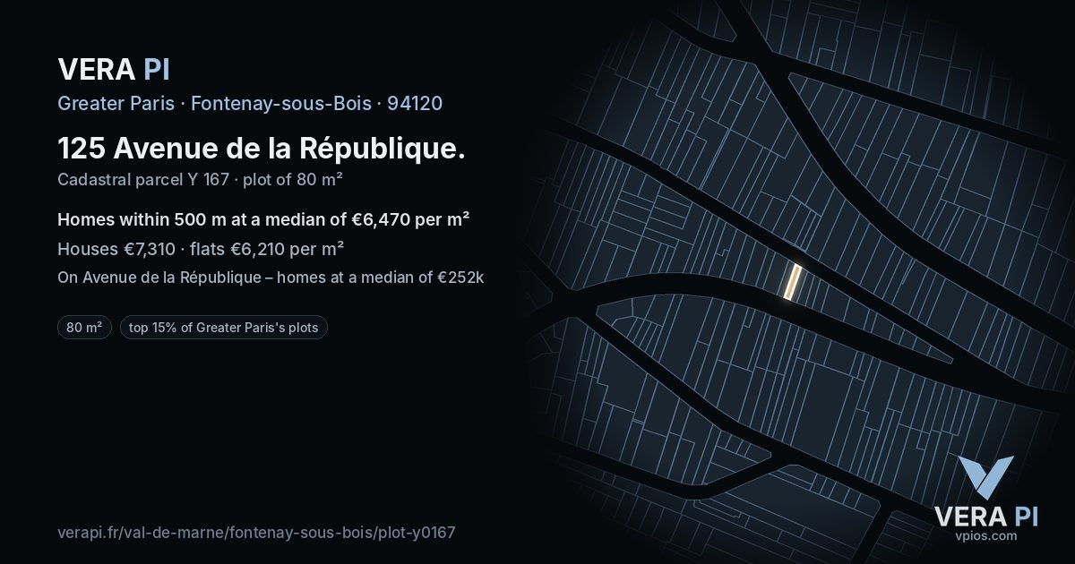 125 Avenue de la République, Fontenay-sous-Bois at night – the plot lit, the parcels around coloured by the prices near them
