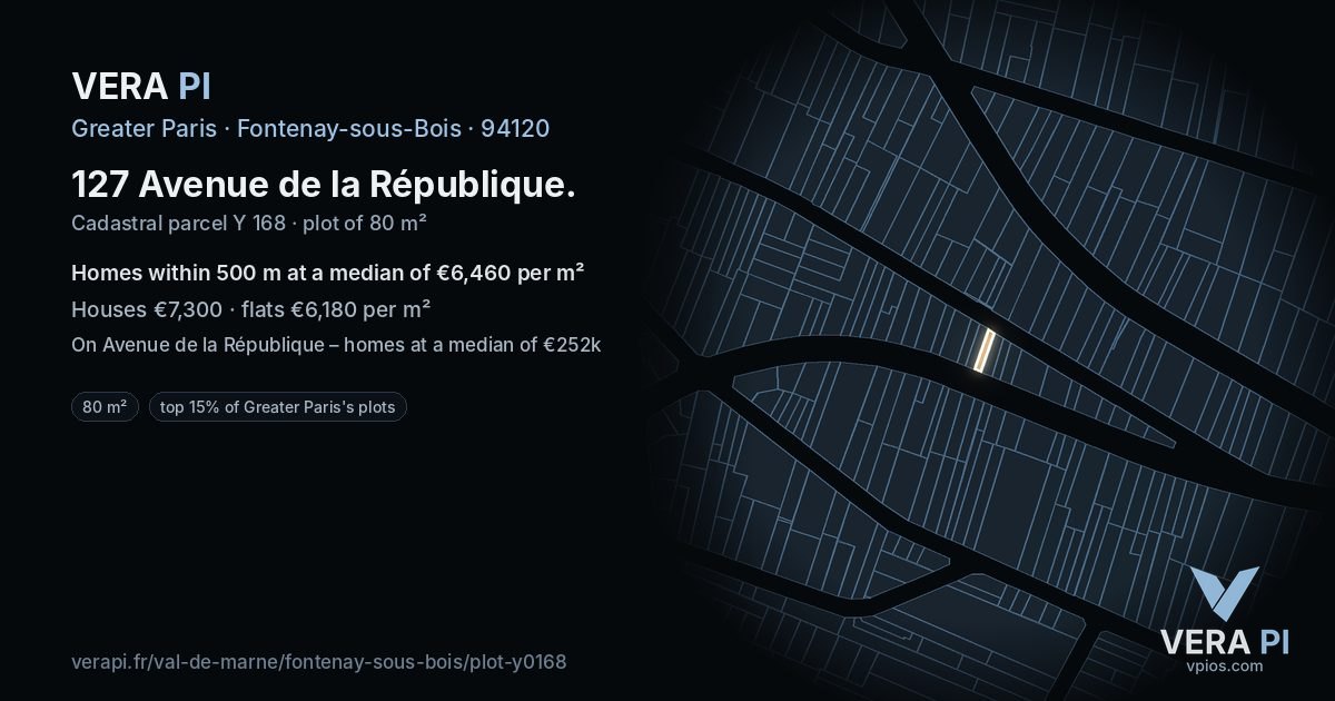 127 Avenue de la République, Fontenay-sous-Bois at night – the plot lit, the parcels around coloured by the prices near them