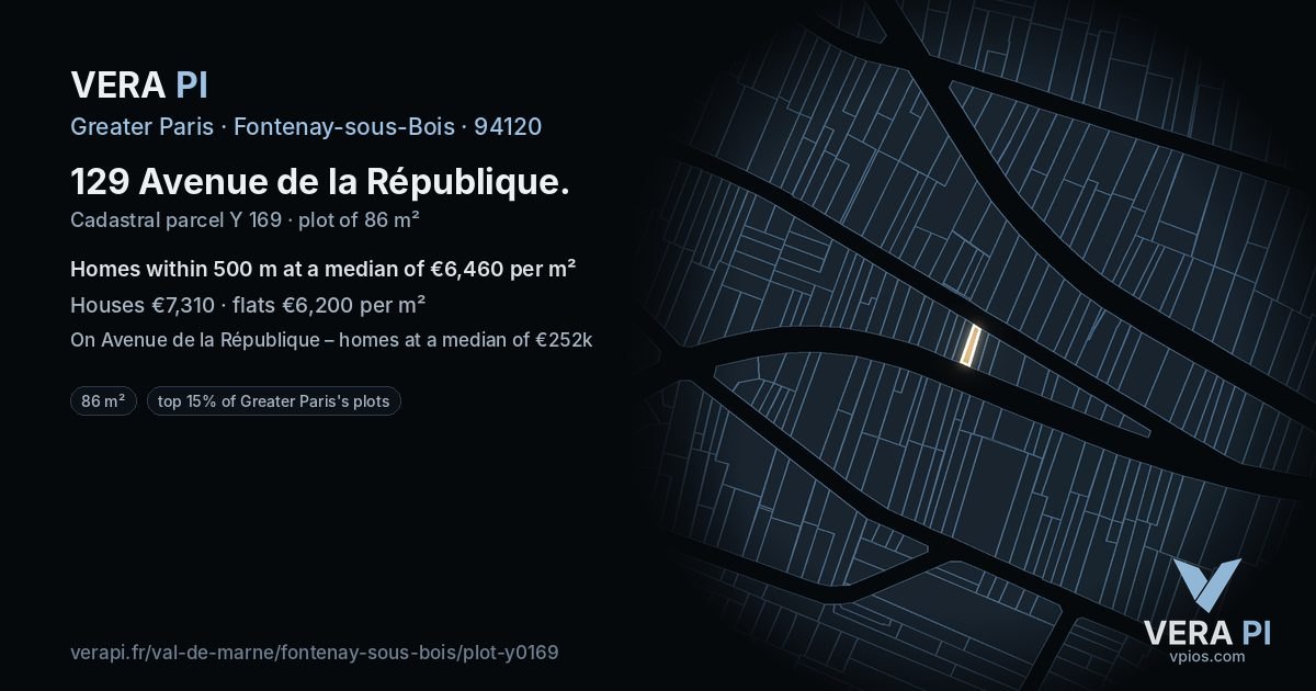 129 Avenue de la République, Fontenay-sous-Bois at night – the plot lit, the parcels around coloured by the prices near them