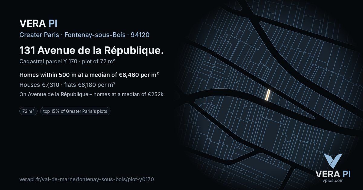 131 Avenue de la République, Fontenay-sous-Bois at night – the plot lit, the parcels around coloured by the prices near them