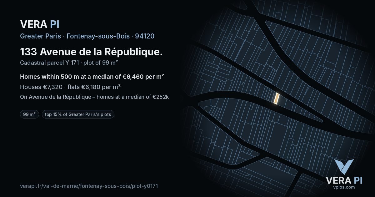 133 Avenue de la République, Fontenay-sous-Bois at night – the plot lit, the parcels around coloured by the prices near them