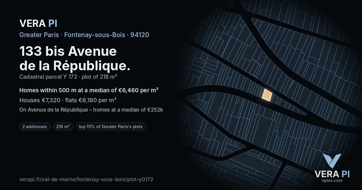 133 bis Avenue de la République, Fontenay-sous-Bois at night – the plot lit, the parcels around coloured by the prices near them