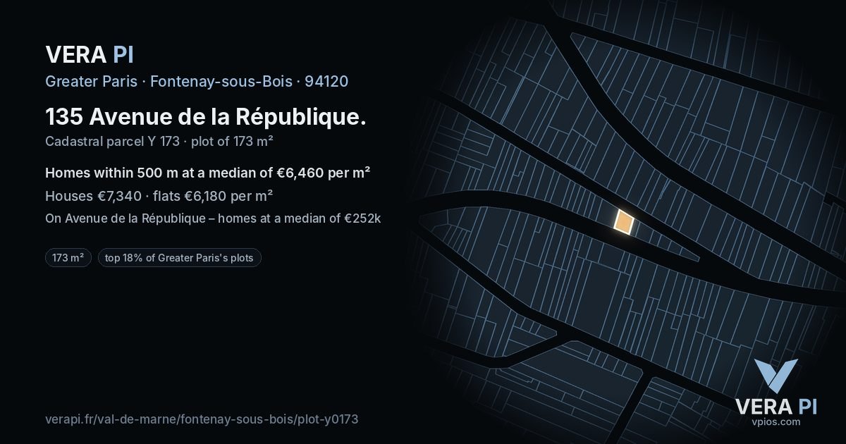 135 Avenue de la République, Fontenay-sous-Bois at night – the plot lit, the parcels around coloured by the prices near them
