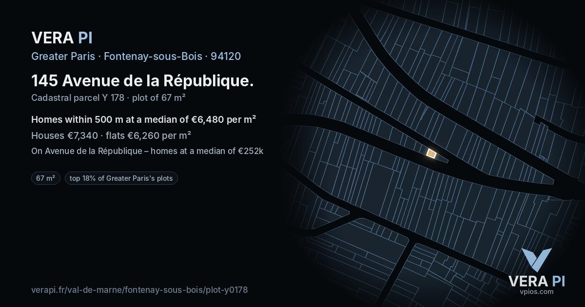 145 Avenue de la République, Fontenay-sous-Bois at night – the plot lit, the parcels around coloured by the prices near them