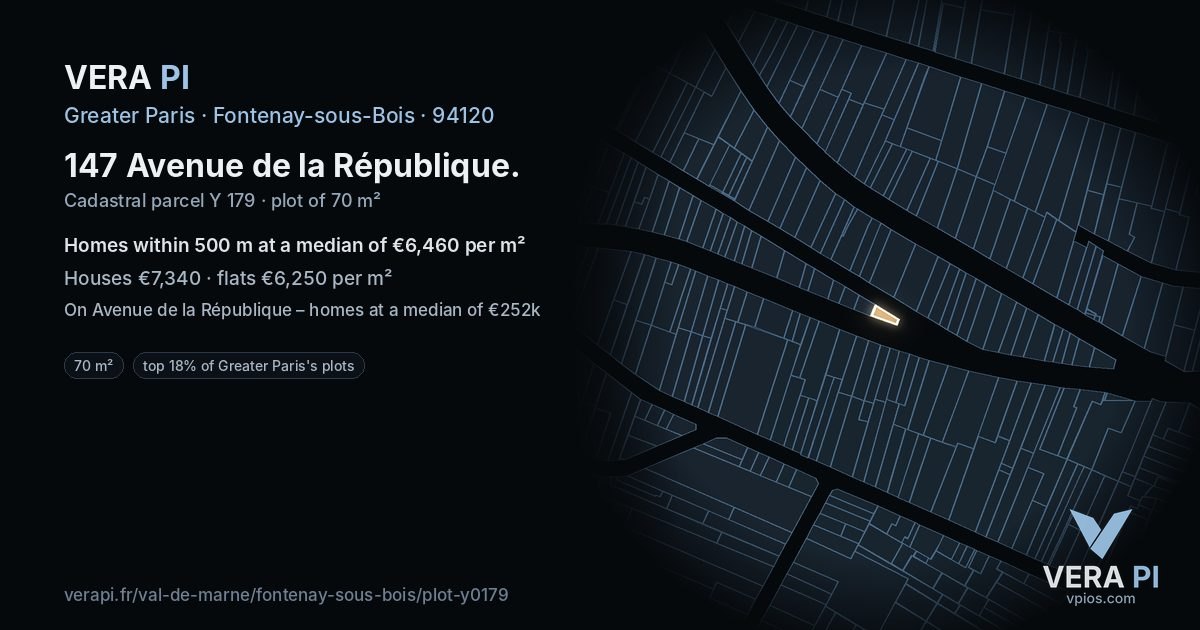 147 Avenue de la République, Fontenay-sous-Bois at night – the plot lit, the parcels around coloured by the prices near them
