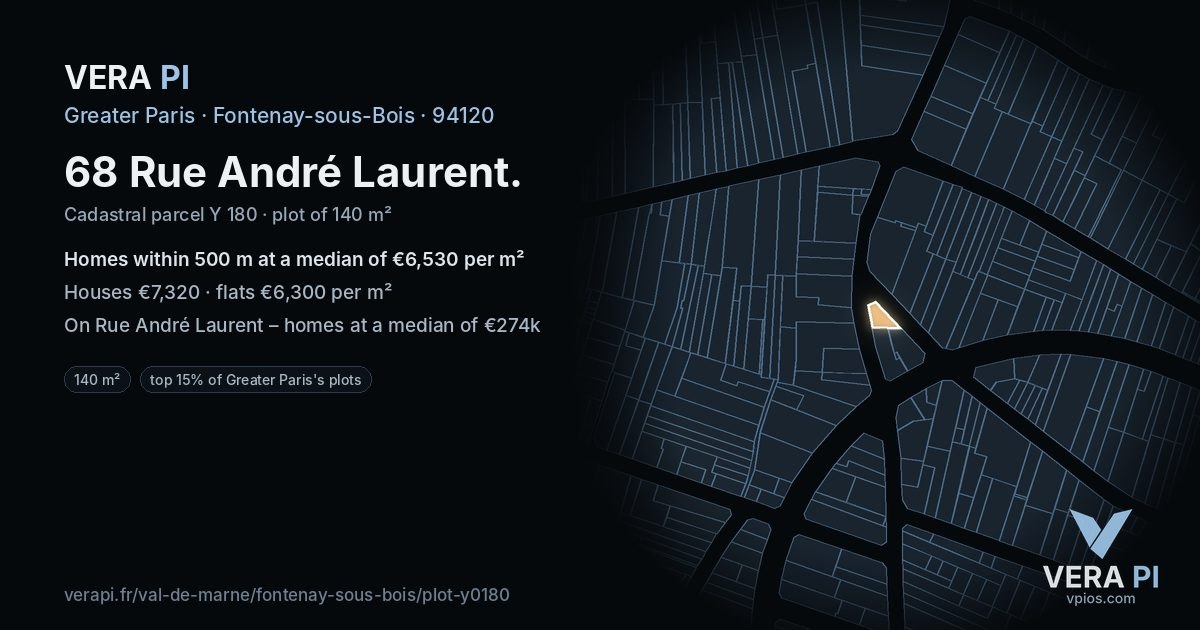 68 Rue André Laurent, Fontenay-sous-Bois at night – the plot lit, the parcels around coloured by the prices near them