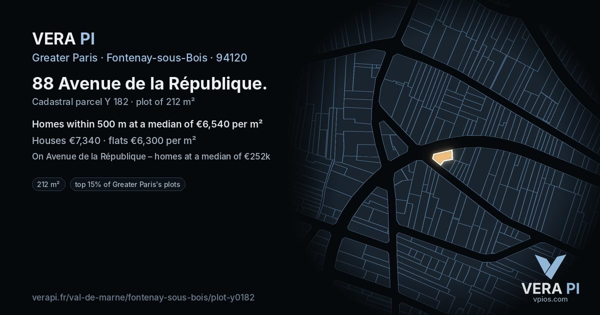 88 Avenue de la République, Fontenay-sous-Bois at night – the plot lit, the parcels around coloured by the prices near them