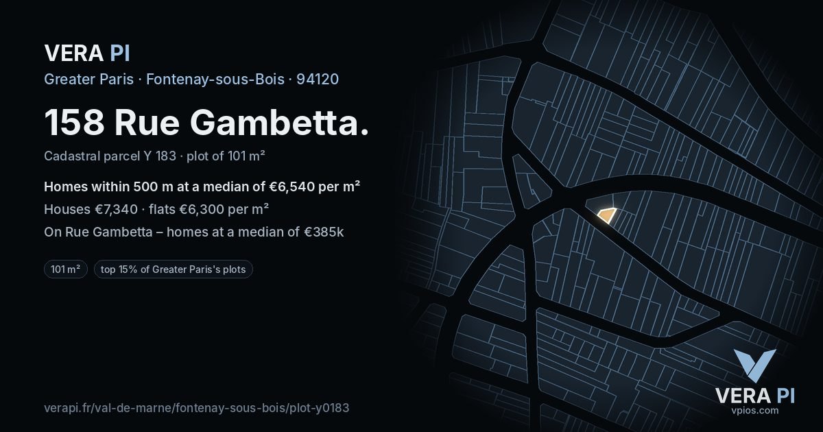 158 Rue Gambetta, Fontenay-sous-Bois at night – the plot lit, the parcels around coloured by the prices near them