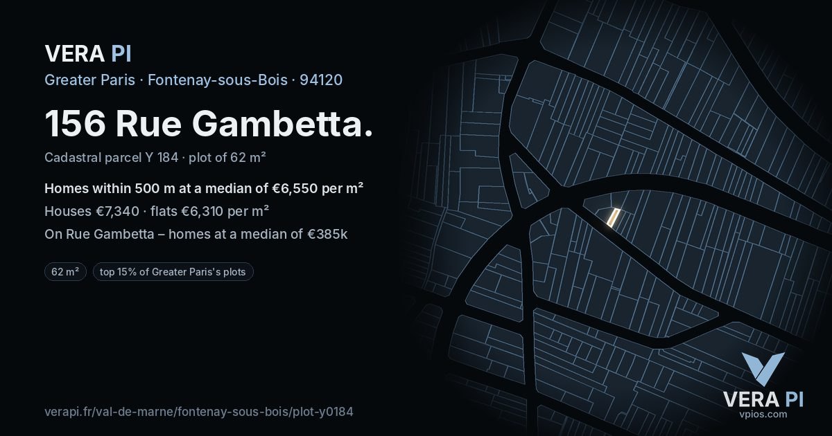 156 Rue Gambetta, Fontenay-sous-Bois at night – the plot lit, the parcels around coloured by the prices near them