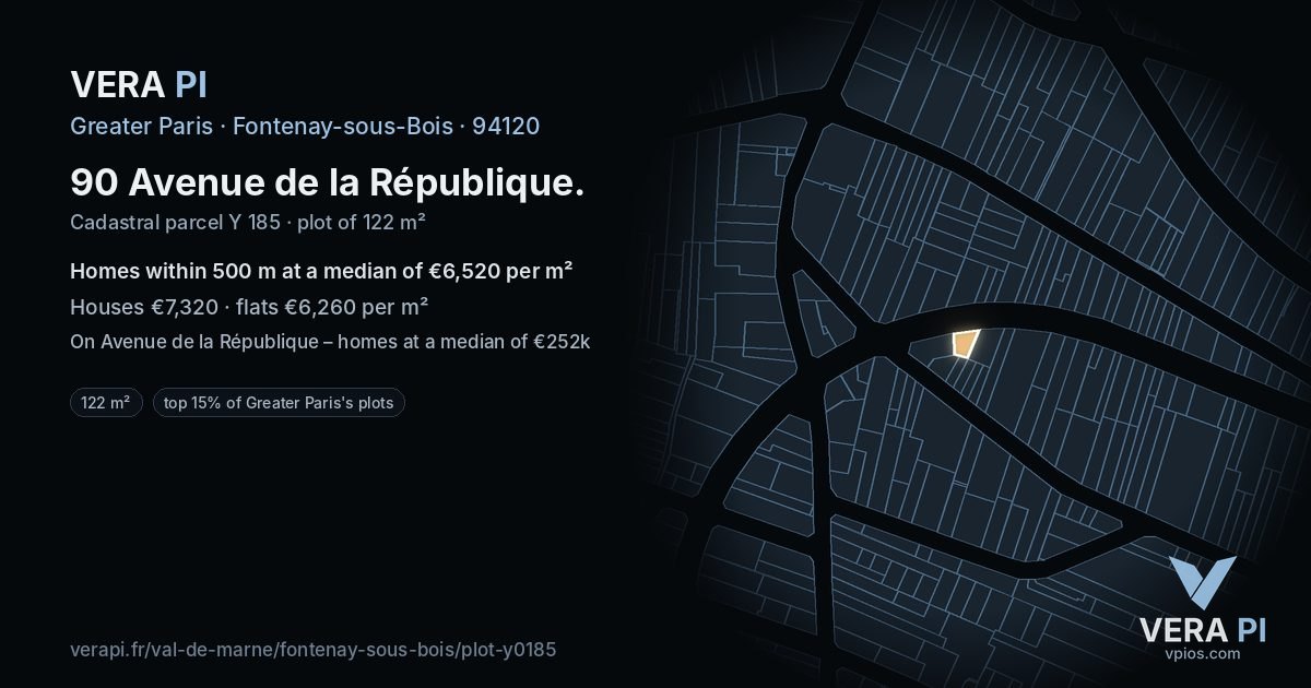 90 Avenue de la République, Fontenay-sous-Bois at night – the plot lit, the parcels around coloured by the prices near them